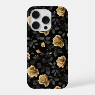 Coque iPhone 15 Pro Motif floral noir Rose avec accent doré élégant