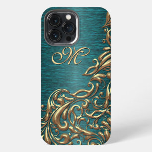Etui iPhone 13 Pro Max Motif floral personnalisé en damas sur fond bleu s