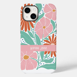 Coque Pour iPhone 14 Motif floral rétro avec nom personnalisé