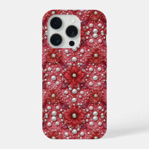 Coque iPhone 15 Pro Motif floral rouge avec accents de perles
