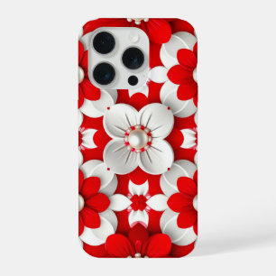 Coque iPhone 15 Pro Motif floral rouge et blanc vibrant avec perle