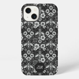 Etui iPhone 13 Motif floral vintage noir blanc Abeilles Initiales