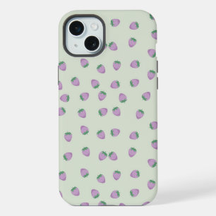 Coque iPhone 15 Plus Motif Fraise Violette sur Fond Vert