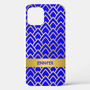 Coque iPhone 12 Motif géométrique Art Déco or bleu Personnaliser