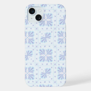 Coque iPhone 15 Plus Motif géométrique floral bleu pastel répétitif