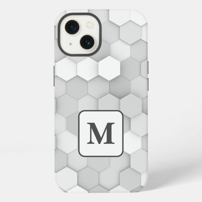 Coque iPhone Motif géométrique hexagonal blanc et gris Monogram (Verso)