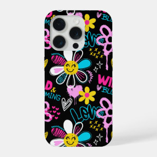 Coque iPhone 15 Pro Motif graffiti fleur smiley mode