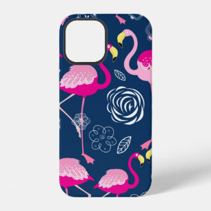 Coque iPhone 12 Motif graphique de flamants roses sur un fond bleu