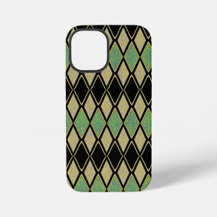 Coque iPhone 12 Mini Motif Harlequin en Or, Vert et Noir 