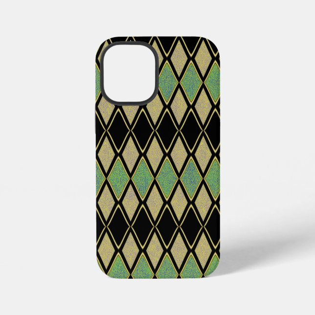 Coque iPhone Motif Harlequin en Or, Vert et Noir  (Verso)