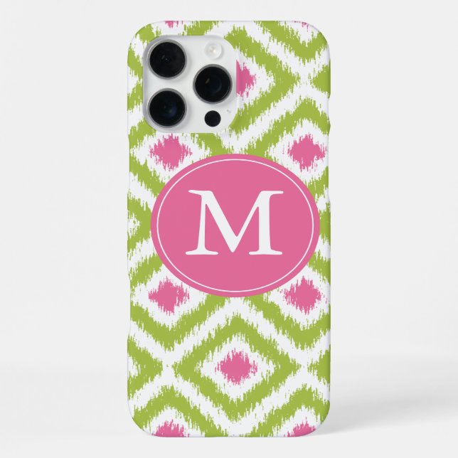 Coque iPhone Motif Ikat Diamant Vert Rose Monogrammé (Verso)