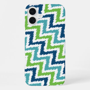 Coque iPhone 16 Plus Motif Ikat Zigzag Diagonal Bleu Turquoise Vert