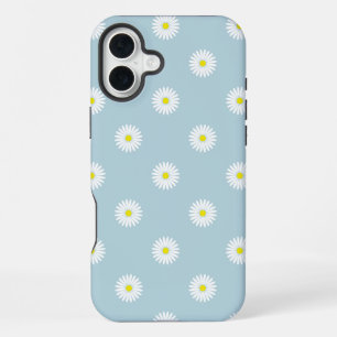 Coque iPhone 16 Plus Motif illustratif de pâquerettes sur fond bleu pâl