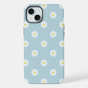 Coque iPhone 15 Plus Motif illustratif de pâquerettes sur fond bleu pâl