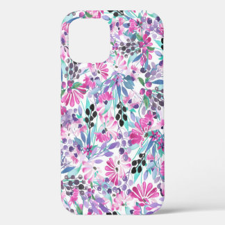 Coque iPhone 12 Motif incomparable de fleurs et de baies violettes
