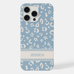 Coque iPhone 15 Pro Max Motif léopard bleu moderne avec nom personnalisé