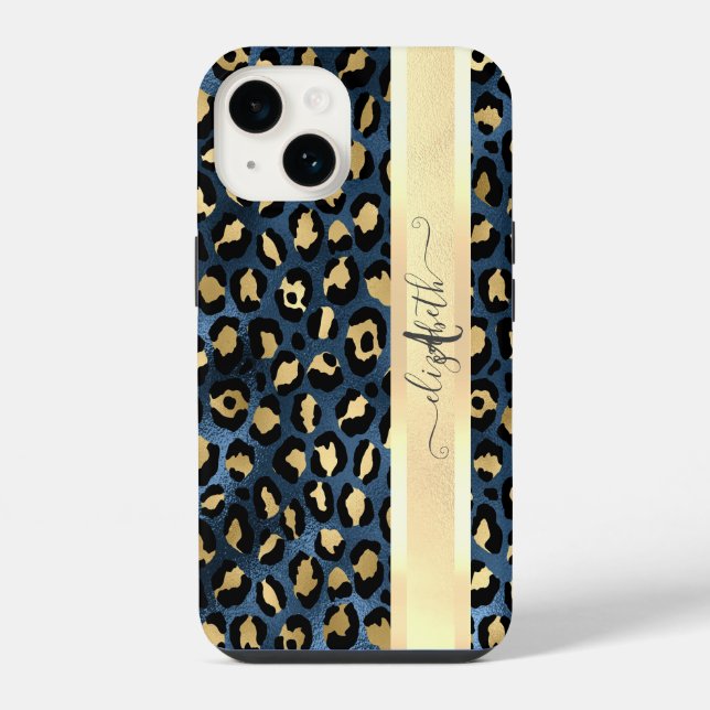 Coque iPhone Motif léopard bleu or monogramme (Verso)