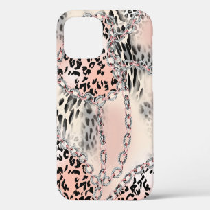 Coque iPhone 12 Motif léopard, fleurs, chaîne, roses