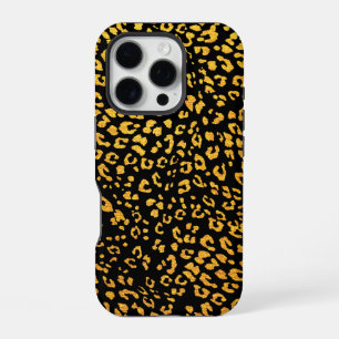 Coque iPhone 16 Pro Motif Leopard métal or sur noir