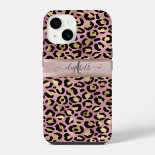 Coque Pour iPhone 14 Motif léopard Monogramme Or rose Noir