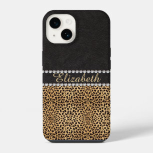 Coque Pour iPhone 14 Motif Léopard Strass Diamants Monogramme