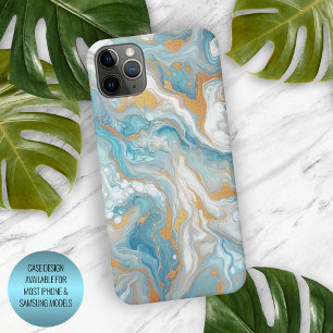 Coque iPhone 15 Pro Max Motif marbre Aqua Turquoise Bleu Blanc Or
