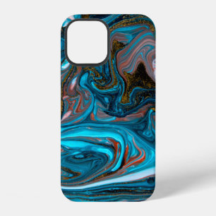 Coque iPhone 12 Motif marbré bleu et or. Liquide de marbre doré