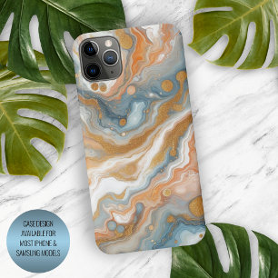 Coque iPhone 15 Pro Max Motif Marbre Orange Pêche Bleu Turquoise Blanc Or