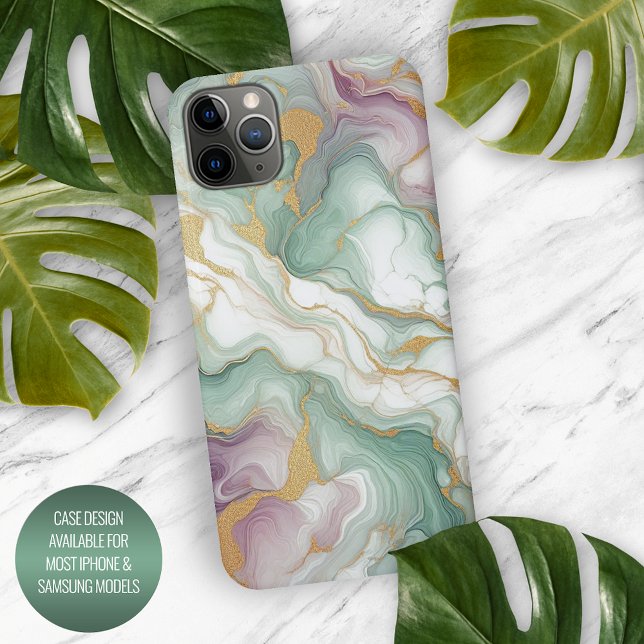 Coque iPhone Motif marbre rose mauve vert or (Créateur téléchargé)