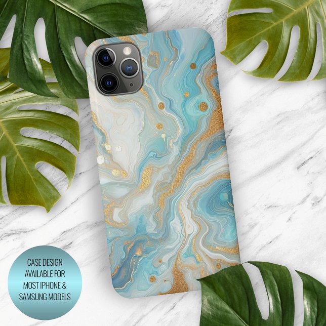 Coque iPhone Motif marbre turquoise bleu blanc or (Créateur téléchargé)