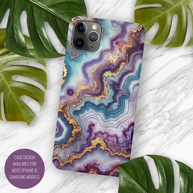 Coque iPhone Motif marbre violet améthyste sarcelle bleu or (Créateur téléchargé)