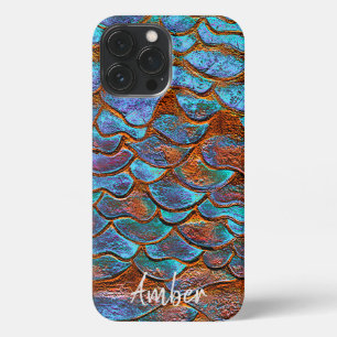 Etui iPhone 13 Pro Max Motif métallique en cuivre de bronze bleu personna