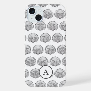 Coque iPhone 15 Plus Motif minimal coquillage monogrammé gris