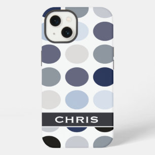 Etui iPhone 13 motif monogramme à pois bleu gris moderne
