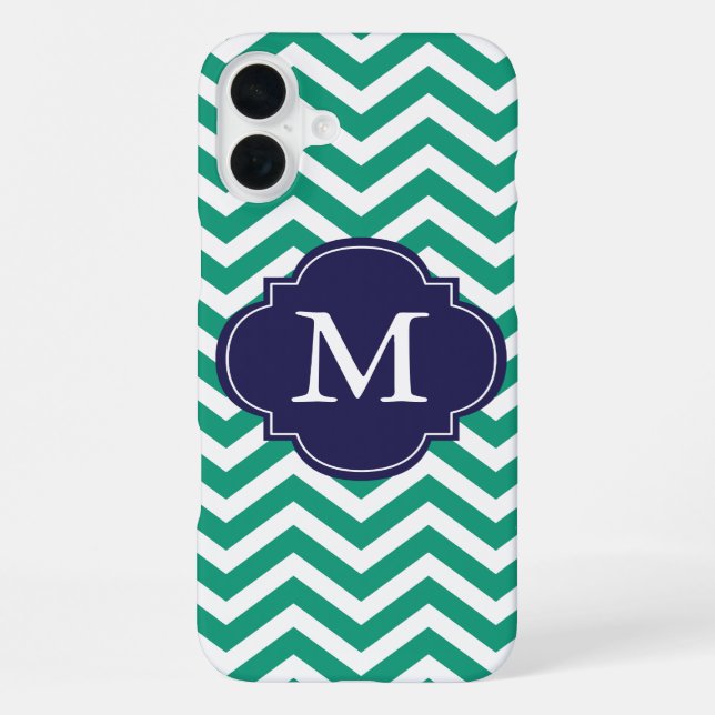 Coque iPhone Motif monogramme à zigzags vert émeraude et bleu (Verso)