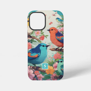 Coque iPhone 12 Mini Motif monogramme botanique oiseaux floraux vintage