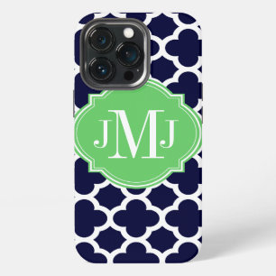 Etui iPhone 13 Pro Motif monogramme quatrefeuilles bleu marine et bla