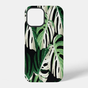 Coque iPhone 12 Motif noir extérieur de feuille Monstera