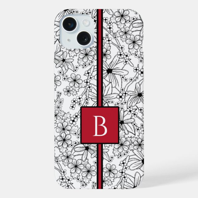 Coque iPhone Motif noir floral et Monogramme blanc (Verso)