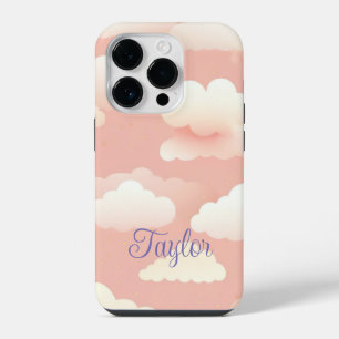 Coque Pour iPhone 14 Plus motif nuageux mignon sur ciel rose avec nom