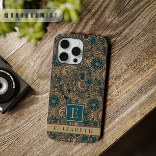 Coque iPhone 15 Pro Max Motif Paisley Bleu Sarcelle Noir Or Personnalisabl