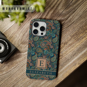 Coque iPhone 15 Pro Max Motif Paisley Bleu Vert Personnalisable