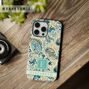 Coque iPhone 15 Pro Max Motif Paisley Personnalisable Bleu Foncé Clair Bla