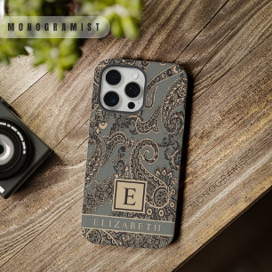 Coque iPhone 15 Pro Max Motif Paisley Personnalisable Gris Noir Rose Pêche