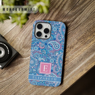 Coque iPhone 15 Pro Max Motif Paisley Personnalisé Bleu Clair Blanc Rose