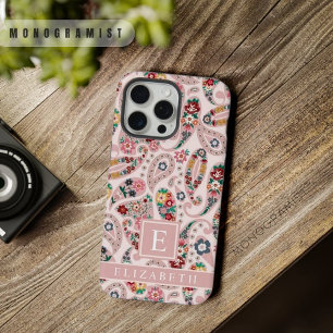 Coque iPhone 15 Pro Max Motif Paisley Rose Bébé Foncé Clair Personnalisabl