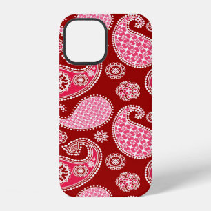 Coque iPhone 12 Motif Paisley, Rouge foncé, Rose et Blanc