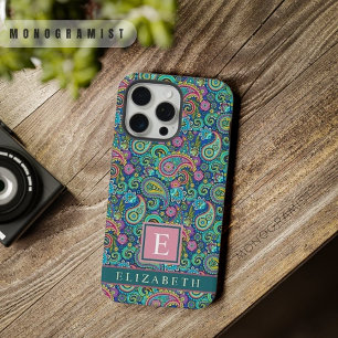 Coque iPhone 15 Pro Max Motif Paisley Vert Clair Bleu Foncé Personnalisabl