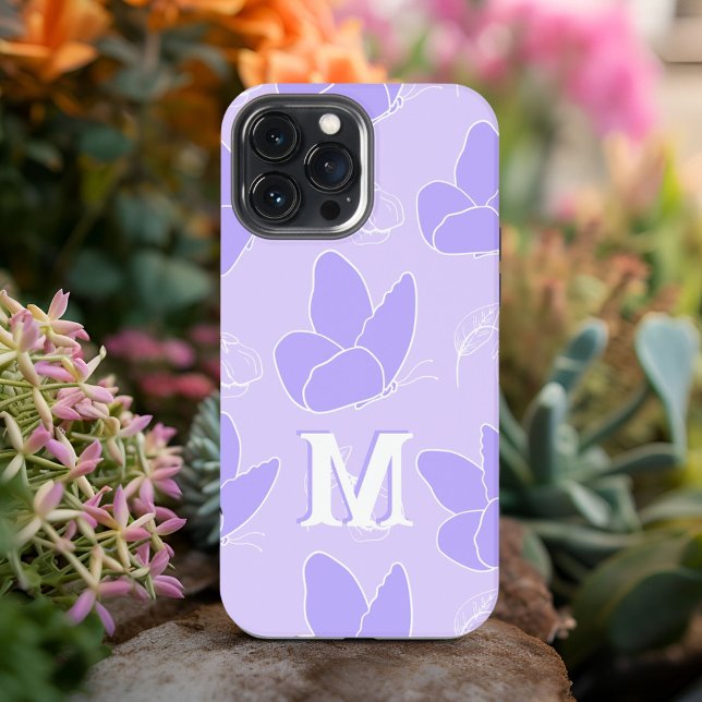 Coque iPhone Motif Papillon Bleu Lilas Moderne Monogram M (Créateur téléchargé)