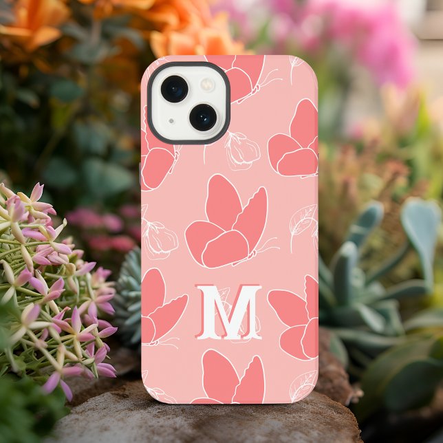 Coque iPhone Motif papillon rose corail moderne Monogram M (Créateur téléchargé)